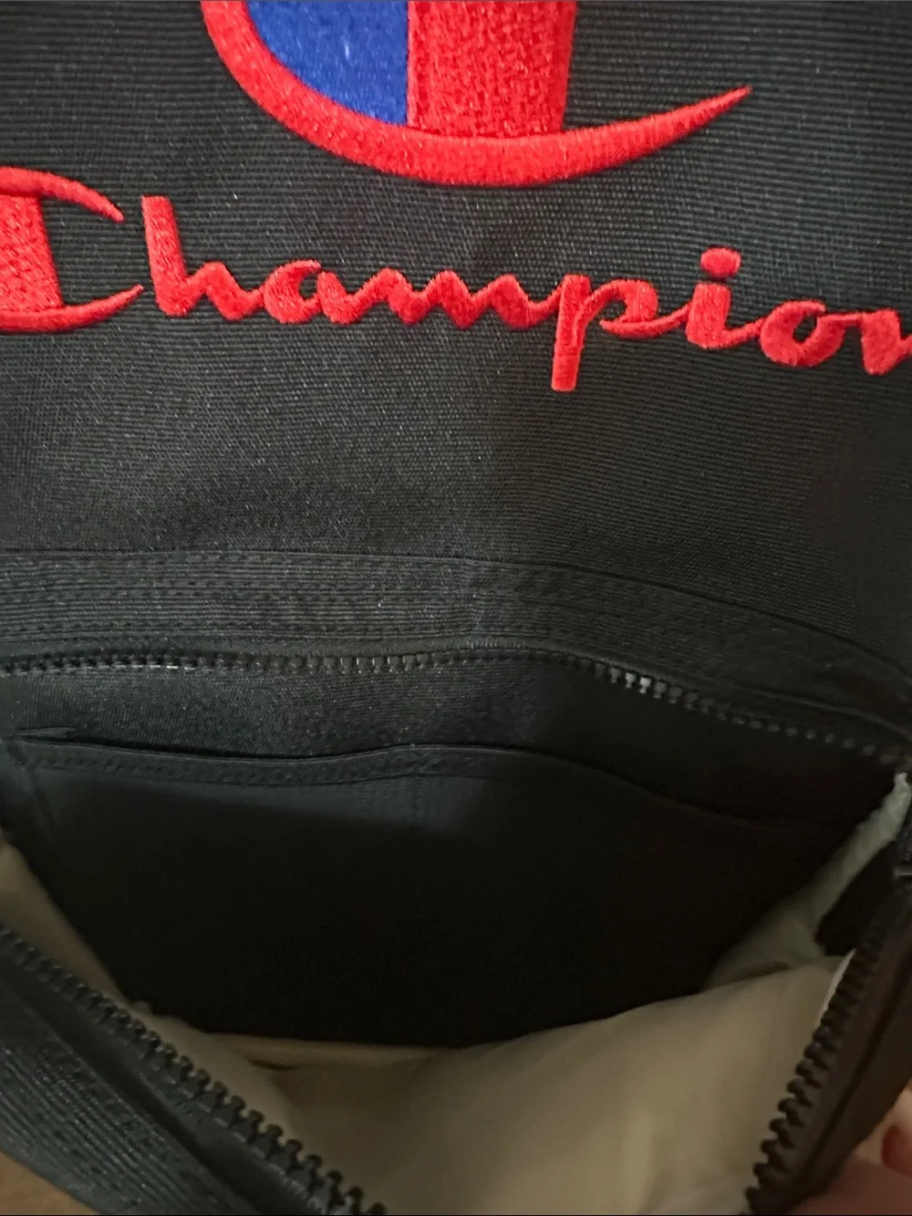 Champion Black Backpack with Red & Blue Logo Embroidery